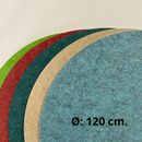 Runde akustikpaneler i grøn, rød, blå og beige, Ø120 cm.