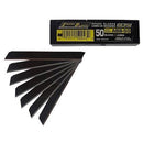 Sorte Olfa knivblade i vifteform, 9mm bredde, i sort emballage med "ABB-50" og "Excel Black".