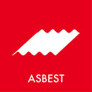 Rød baggrund med hvid grafik af bølgeplade og teksten "ASBEST" i fed, hvid skrift for klarhed.