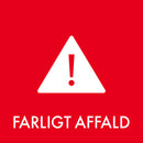 Rødt baggrund, hvidt trekantet advarselsskilt med udråbstegn, teksten "FARLIGT AFFALD" nedenunder.