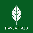 Grøn baggrund med hvidt bladikon og teksten "HAVEAFFALD" nedenunder.