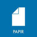 Hvidt papirikon med foldet hjørne på blå baggrund, teksten "PAPIR" nedenunder for affaldssortering.