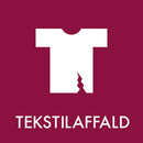 Hvid T-shirt ikon på bordeaux baggrund. Teksten "TEKSTILAFFALD" står i hvidt nedenunder.