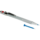Pen-lignende værktøj med metalfinish, tekstureret greb og separat blå nål ved siden af.