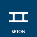 Hvidt ikon af betonbjælke på blå baggrund, med teksten "BETON" under ikonet.
