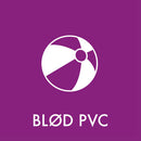 Hvidt strandboldgrafik på lilla baggrund med teksten "BLØD PVC" nedenunder.