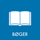 Blåt klistermærke med hvidt ikon af åben bog og teksten "BØGER" nedenunder.