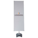 Dobbeltsidet banner med LISEBORG-logo, stabil base og metaløjer i hjørnerne.