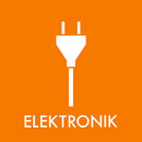 Orange baggrund med hvidt stiksymbol og teksten "ELEKTRONIK" nederst.