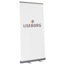 Roll-up banner med teksten "LISEBORG" på hvid baggrund, monteret på en sølvfarvet stand.