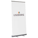Roll-up banner 85x200 cm med metalbase og centralt logo. Stabiliserende fod medfølger.