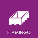 Rektangulær beholder på lilla baggrund. Hvidt ikon og teksten "FLAMINGO" nedenfor.