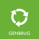 Grøn baggrund med hvidt recykleringssymbol og teksten "GENBRUG".