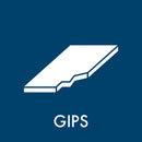 Hvid grafik af gipsplade på blå baggrund med teksten "GIPS" nedenunder.