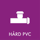 Hvidt grafisk symbol på lilla baggrund med teksten "HÅRD PVC" nedenunder i fed skrift.