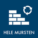 Ikon af mursten med genbrugssymbol over og teksten "HELE MURSTEN" på ensfarvet baggrund.