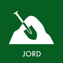 Rektangulær sticker med grøn baggrund, hvid skovl i jordbunke og teksten "JORD" i hvidt.