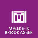 Hvid ikon af container på lilla baggrund. Tekst: "MÆLKE- & BRØDKASSER" nedenunder.
