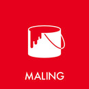 Rød baggrund med hvidt ikon af malerbøtte. Ordet "MALING" står i fed skrift nedenunder.