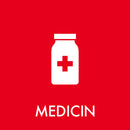 Rød sticker med hvidt ikon af medicinflaske og teksten "MEDICIN" i store bogstaver.