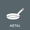 Hvid silhuet af stegepande på grå baggrund med teksten "METAL" nedenunder.