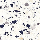 Terrazzo mønster med blå, grå og creme fragmenter på lys baggrund. Uregelmæssigt formet.