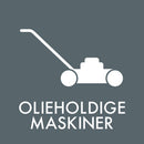 Ikon af plæneklipper med teksten "Olieholdige Maskiner" på kontrastfarvet baggrund.