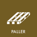 Hvid palleikon på brun baggrund med teksten "PALLER" nedenunder. Enkel og genkendelig design.