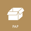 Hvid illustration af papkasse på brun baggrund med teksten "PAP" nedenunder.