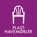 Hvid plaststol på lilla baggrund med teksten "PLAST-HAVEMØBLER."