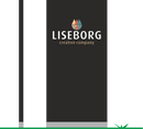 Sort pylon med farverigt logo og tekst "LISEBORG creative company" på grå base.