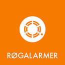 Sticker til affaldssortering med røgalarmsikon på orange baggrund og teksten "RØGALARMER".