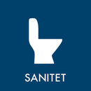 Hvidt toiletsymbol på blå baggrund, med teksten "SANITET" nedenunder i hvide bogstaver.