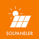 Hvidt solpanel og sol ikon på orange baggrund, med teksten "SOLPANELER" nedenunder.