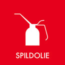 Rød baggrund med hvidt ikon af oliekande. Teksten "SPILDOLIE" står nedenunder i hvide bogstaver.