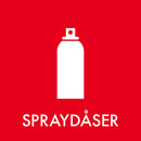 Rød baggrund med hvid spraydåse-silhuet og teksten "SPRAYDÅSER" i hvid nedenfor.
