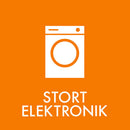 Orange baggrund med hvid vaskemaskine-illustration og teksten "STORT ELEKTRONIK".