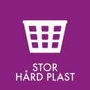 Lilla baggrund med hvidt ikon for affaldssortering og teksten "STOR HÅRD PLAST."