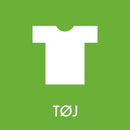 Grøn sticker med hvid T-shirt ikon og teksten "TØJ" nedenunder. Enkel design til affaldssortering.