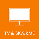 Orange baggrund med TV-ikon og teksten "TV & SKÆRME" for affaldssortering.