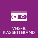 Lilla baggrund med ikon af kassettebånd og teksten "VHS- & KASSETTEBÅND" nedenunder.