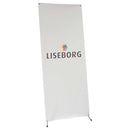 X-banner med LISEBORG-logo, hvid baggrund, metaløjer i hjørner, X-formet stativ for stabilitet.