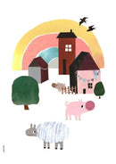 Farverig collage med smilende får, grise, huse, træer, regnbue og fugle i en landsby.