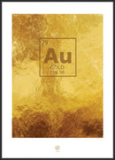 Plakat med guldtekstur, "Au," "GOLD," "196.96" i midten, hvid kant og "Elements" logo nederst.