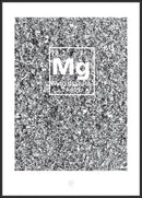 Plakat med silvery magnesiumtekstur, kemisk symbol "Mg," hvid kant og Elements logo nederst.
