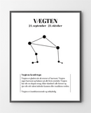 Plakat med stjernetegnet Vægten, konstellation og tekst om Vægtens karaktertræk.