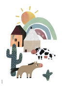 Plakat med ko, hest, to huse, kaktus, regnbue og sol i farverig collage-stil.