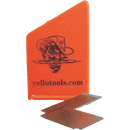 Orange plastværktøj med logo "yellotools.com" og grafik, geometrisk design, kompakt størrelse.